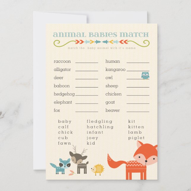 Carte Jeux de Baby shower pour animaux de bois - hibou,  (Devant)