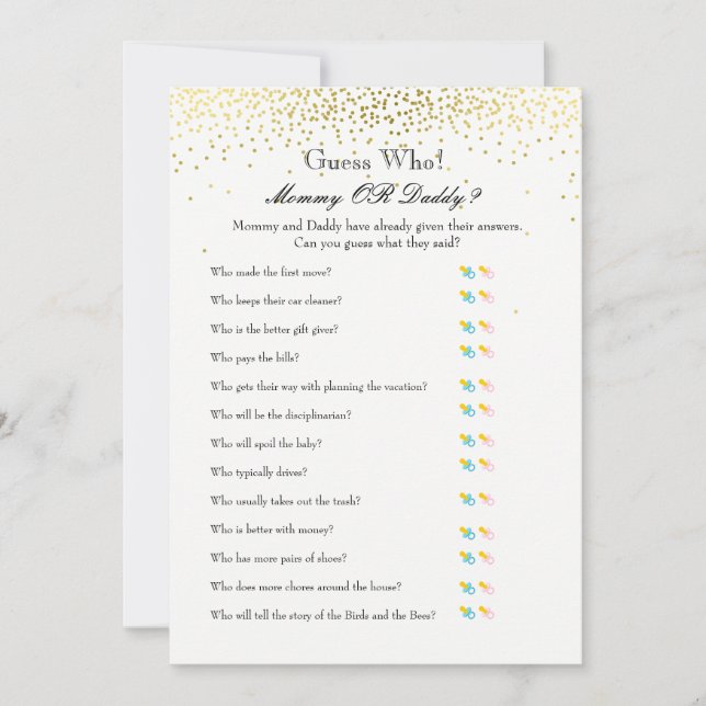 Carte Jeux de baby shower - Voeux pour bébé et Devinez q (Devant)