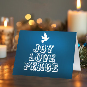 Carte Joie amour paix colombe blanche sapin de Noël bleu