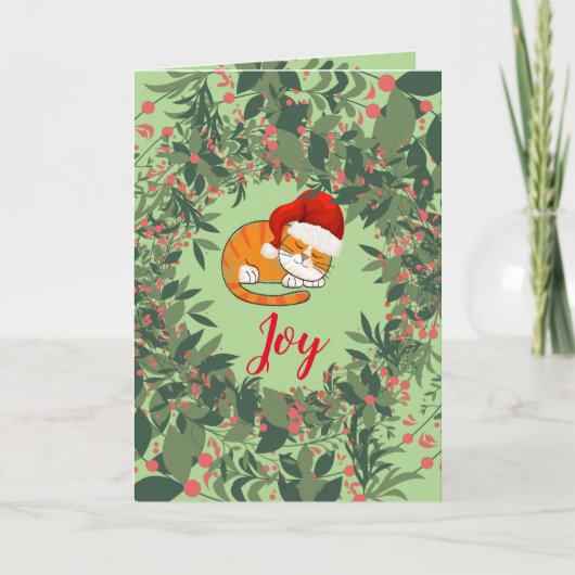 Carte Joie Cat Vacances Wreath Feuille Rose Vert Rouge (Devant)