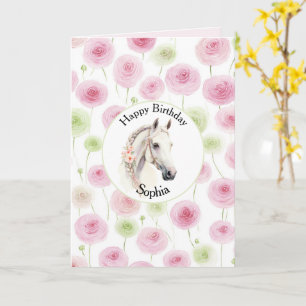 Carte Joli Anniversaire de Cheval aux Ranunculus Rose Me