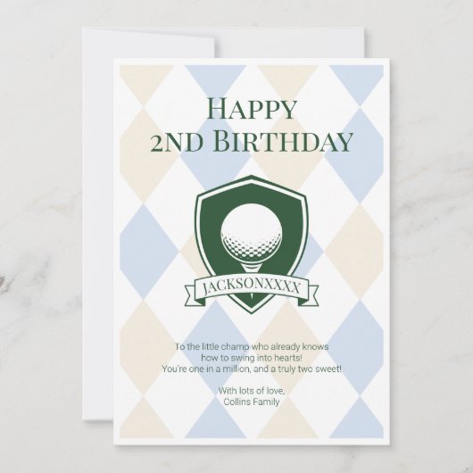Carte Joli Anniversaire Moderne Garçons Golf 2 Ans (Devant)