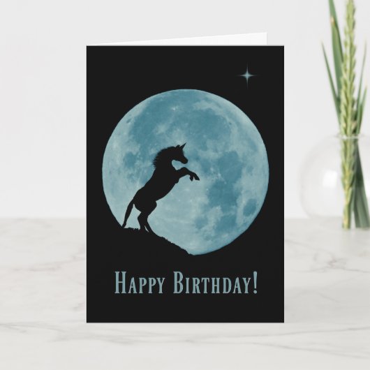 Carte Joli Anniversaire Unicorne et Lune Bleue (Devant)