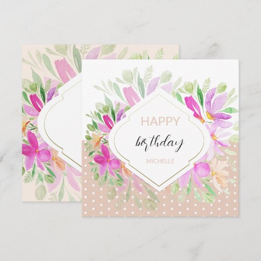Carte Joli aquarelle boho floral lilas rose (Devant / Derrière)