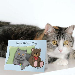 Carte Joli Bleu Adorable Gris Meilleure Maman Chat Fête 