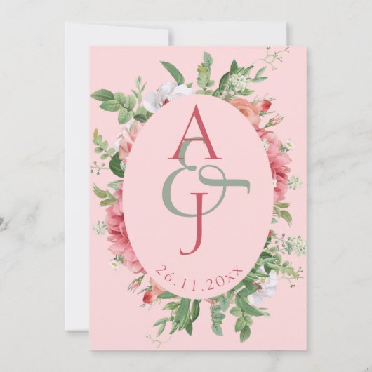 Carte Joli Blush Floral Monogramme Mariage Enregistrer L (Dos)