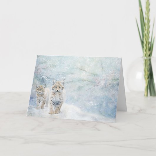 Carte Joli Bois Animaux Bobcats En Salutation De Neige (Devant)