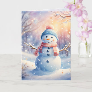 Carte Joli Bonhomme de Neige à l'Aquarelle dans un Paysa