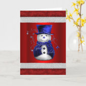 Carte Joli bonhomme de neige bleu sur Noël rouge (Fleur jaune)