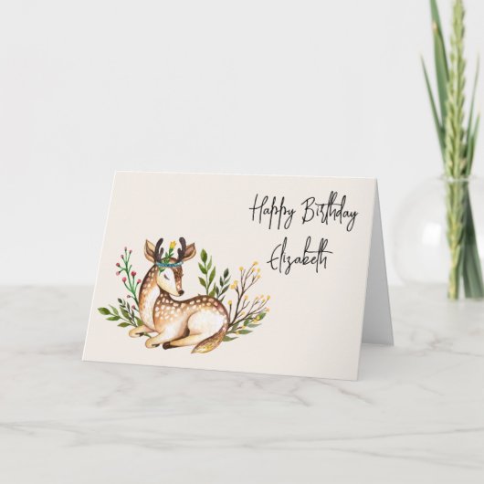 Carte Joli Cerf Aquarellé Pose En Bas Boho Anniversaire (Devant)