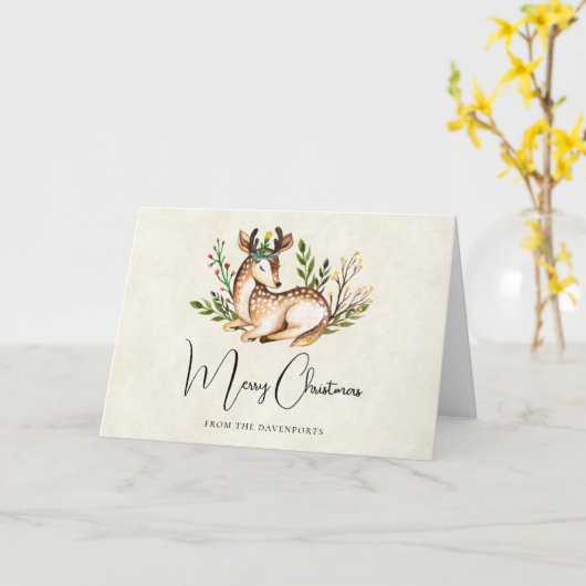 Carte Joli Cerf Aquarellé Pose En Bas Boho Noël (Fleur jaune)