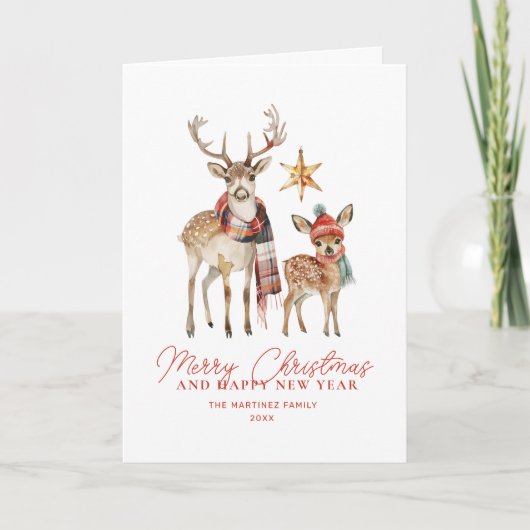 Carte Joli cerf de bois et étoile joyeux Noël plié (Devant)