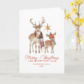 Carte Joli cerf de bois et étoile joyeux Noël plié (Fleur jaune)