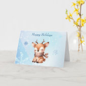 Carte Joli Cerf Dessin Animé dans la Neige (Fleur jaune)