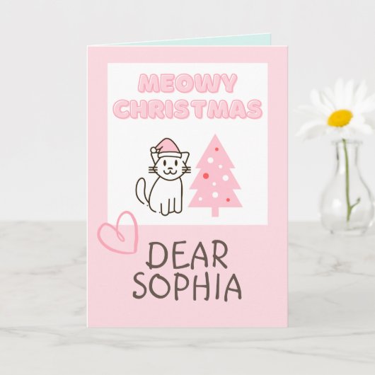 Carte Joli Chat avec Chapeau de Père Noël & Arbre Joyeux (Petite plante)