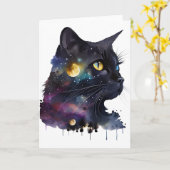 Carte Joli Chat Cosmique À L'aquarelle Noir Espace (Fleur jaune)