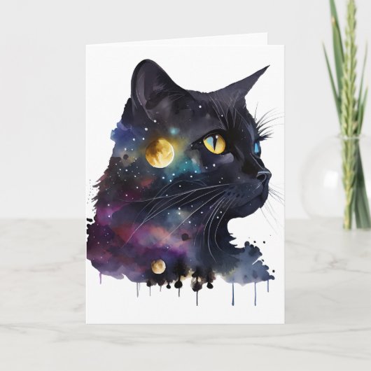 Carte Joli Chat Cosmique Noir à l'Aquarelle de l'Espace (Devant)