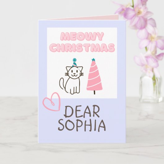 Carte Joli Chat dans un Chapeau & Arbre Joyeux Noël Past (Orchidée)