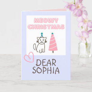 Carte Joli Chat dans un Chapeau & Arbre Joyeux Noël Past