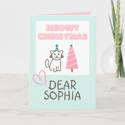 Carte Joli Chat dans un Chapeau & Arbre Joyeux Noël Past (Devant)