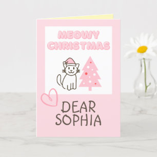 Carte Joli Chat en Chapeau de Père Noël & Arbre Meowy No