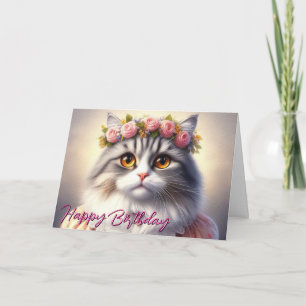 Carte Joli Chat en Robe et Couronne Anniversaire