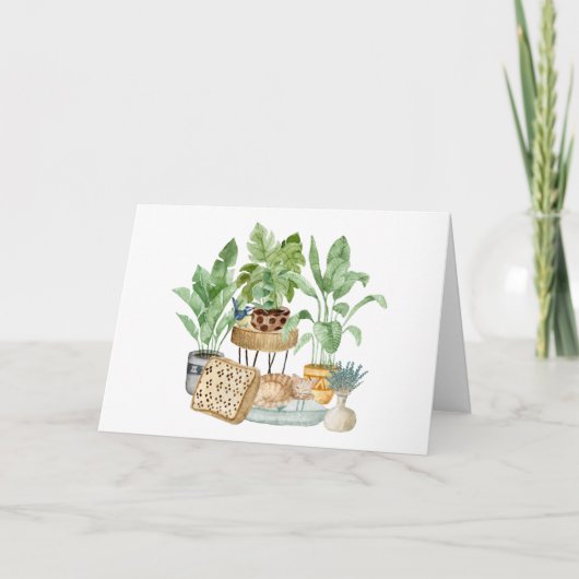Carte Joli chat endormi aquarelle et plantes d'intérieur (Devant)