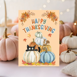 Carte Joli Chat et Citrouilles Rétro Joyeux Thanksgiving
