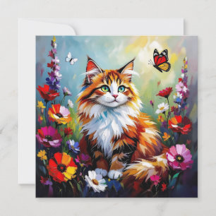 Carte Joli chat fantaisiste, fleurs et papillons