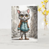 Carte Joli Chat Mignon pour une Promenade Fond Blanc (Fleur jaune)