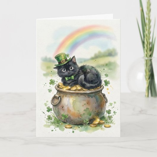 Carte Joli Chat Noir de la Saint-Patrick Pot d'Or (Devant)