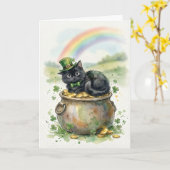 Carte Joli Chat Noir de la Saint-Patrick Pot d'Or (Fleur jaune)