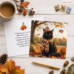 Carte Joli chat noir Maine Coon Feuilles d'automne Aut