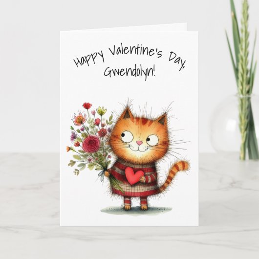 Carte Joli Chat Orange Félin Joyeuse Saint-Valentin (Devant)
