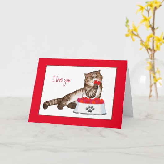 Carte Joli chat rayé avec des cœurs pour la Saint-Valent (Fleur jaune)