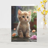 Carte Joli chat tigré orange assis parmi les fleurs, fon (Fleur jaune)