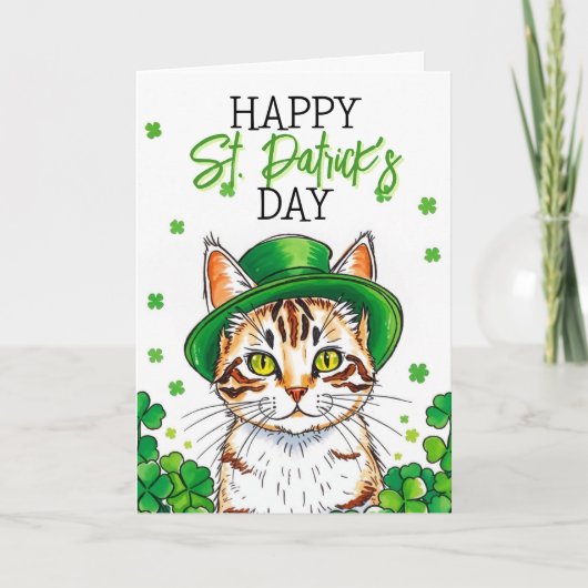 Carte Joli Chat Vert avec Trèfles Fête de la Saint-Patri (Devant)