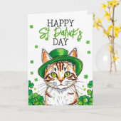 Carte Joli Chat Vert avec Trèfles Fête de la Saint-Patri (Fleur jaune)