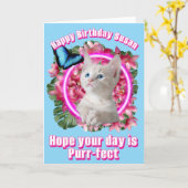 Carte Joli chaton avec papillon bleu sur néon tropical (Fleur jaune)