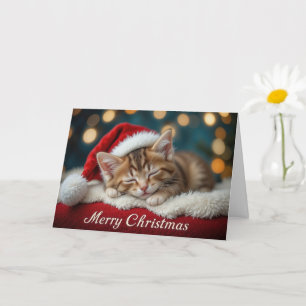 Carte Joli chaton de Noël avec un chapeau festif rouge d