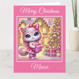 Carte Joli chaton rose dans un chalet de Noël