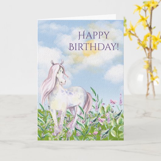 Carte Joli cheval dans le champ de fleurs Fille Annivers (Fleur jaune)