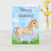 Carte Joli Cheval de Crème et Papillons Joyeux Anniversa (Fleur jaune)