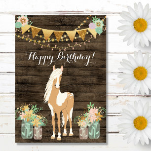 Carte Joli cheval et fleurs Bois rustique Anniversaire