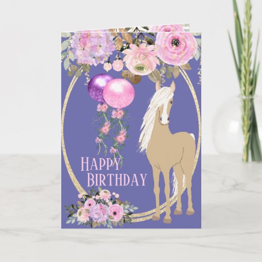Carte Joli Cheval et Fleurs Pink Périwinkle Anniversaire (Devant)