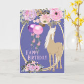 Carte Joli Cheval et Fleurs Pink Périwinkle Anniversaire (Fleur jaune)