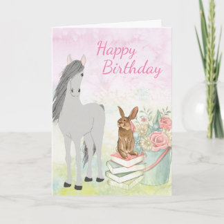 Carte Joli Cheval, lapin, Fleurs et Livres Anniversaire