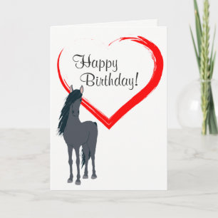 Carte Joli Cheval Noir et Coeur Rouge Joyeux anniversair