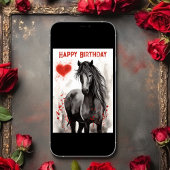 Carte Joli Cheval Noir et Coeurs Joyeux Anniversaire
