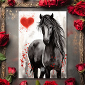 Carte Joli Cheval Noir et Coeurs Joyeux Anniversaire
